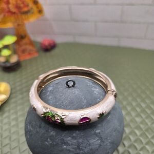 Vintage White Enamel Bracelet with Pink and Green Accents
